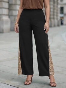 Chikora Plus Size Women's Side Patchwork Embroidered Mesh Elegant Wide Leg Pants Autumn Wedding Evening Formal Black And Gold Wedding - Black - View 8