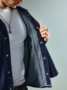 ROMWE MEN Essentials Men's Casual Denim Jacket With Airplane Buckle, Autumn - Multicolor - View 10