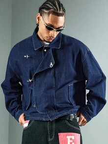 ROMWE MEN Essentials Men's Casual Denim Jacket With Airplane Buckle, Autumn - Multicolor - View 1