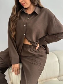 SHEIN LUNE 大尺碼休閒柔軟修身優雅通勤襯衫與長褲兩件套 秋季居家正裝度假棕色 - 咖啡棕 - 查看 2