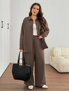 SHEIN LUNE 大尺碼休閒柔軟修身優雅通勤襯衫與長褲兩件套 秋季居家正裝度假棕色 - 咖啡棕 - 查看 8