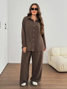 SHEIN LUNE 大尺碼休閒柔軟修身優雅通勤襯衫與長褲兩件套 秋季居家正裝度假棕色 - 咖啡棕 - 查看 6