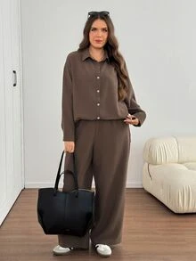SHEIN LUNE 大尺碼休閒柔軟修身優雅通勤襯衫與長褲兩件套 秋季居家正裝度假棕色 - 咖啡棕 - 查看 7