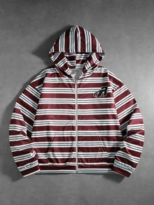 ROMWE MEN Men's Striped Colorblock Zip-Up Hoodie With Pocket - Multicolor - View 1