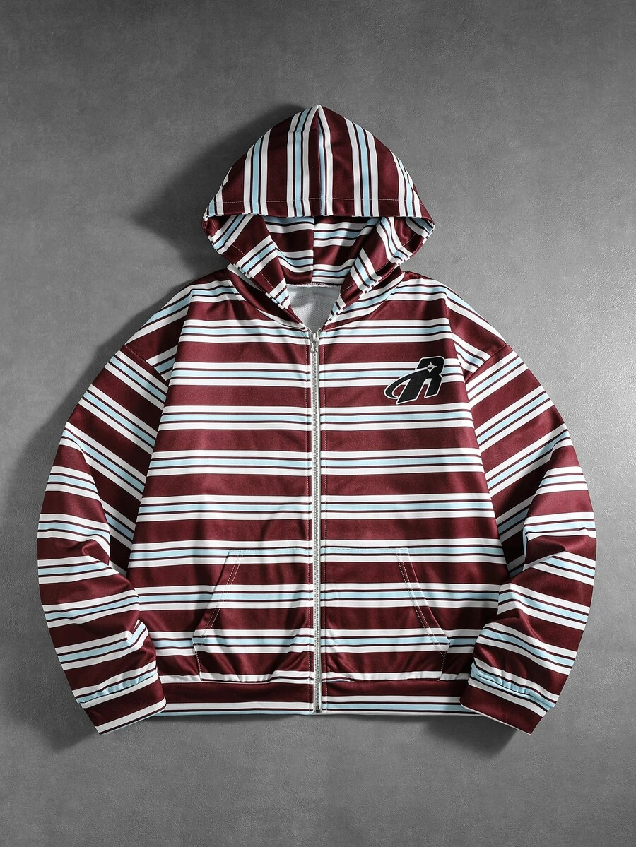 ROMWE MEN Men's Striped Colorblock Zip-Up Hoodie With Pocket - Multicolor - View 1