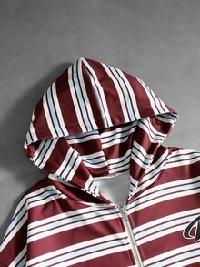 ROMWE MEN Men's Striped Colorblock Zip-Up Hoodie With Pocket - Multicolor - View 7