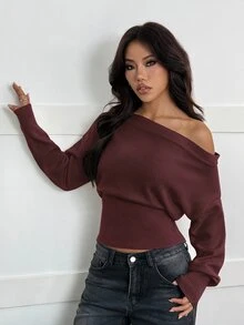 SHEIN PETITE 3D花卉不對稱肩設計米色秋冬浪漫寬鬆針織毛衣 - 中紫紅色 - 查看 2