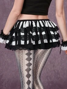 ROMWE Chân váy bánh xòe 3 lớp voan chiffon kẻ sọc phong cách Gothic ren dễ thương quyến rũ sang trọng cho nữ - Đen và trắng - Xem 8