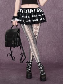 ROMWE Chân váy bánh xòe 3 lớp voan chiffon kẻ sọc phong cách Gothic ren dễ thương quyến rũ sang trọng cho nữ - Đen và trắng - Xem 5