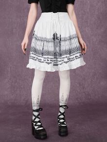 ROMWE Gothic Iron Gate Fence Print A-Line Skirt - White - View 5