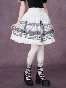 ROMWE Gothic Iron Gate Fence Print A-Line Skirt - White - View 4