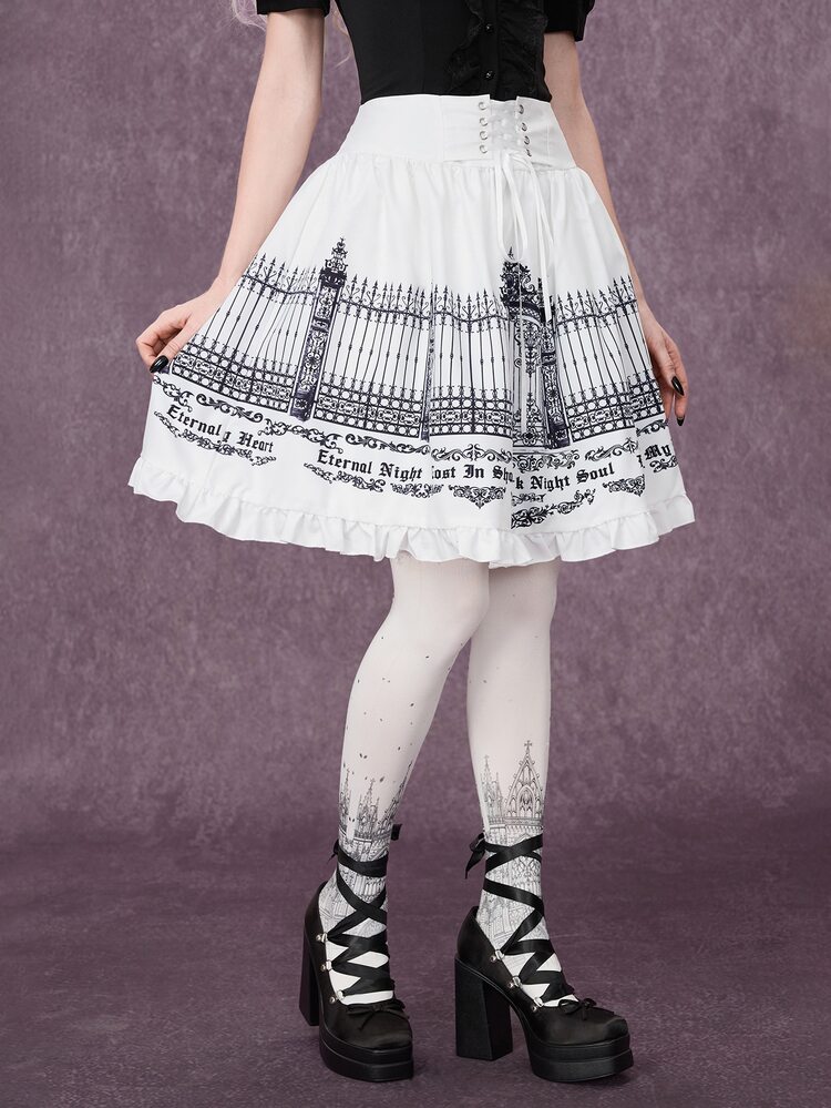 ROMWE Gothic Iron Gate Fence Print A-Line Skirt - White - View 4