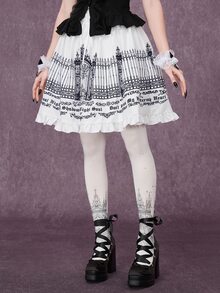 ROMWE Gothic Iron Gate Fence Print A-Line Skirt - White - View 8