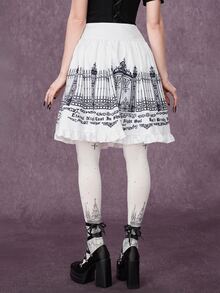 ROMWE Gothic Iron Gate Fence Print A-Line Skirt - White - View 3