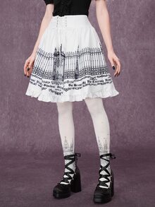 ROMWE Gothic Iron Gate Fence Print A-Line Skirt - White - View 1
