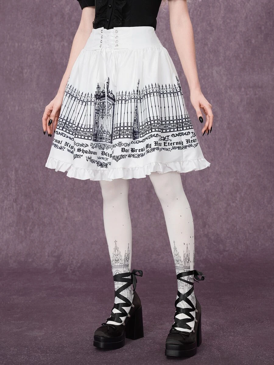 ROMWE Gothic Iron Gate Fence Print A-Line Skirt - White - View 1