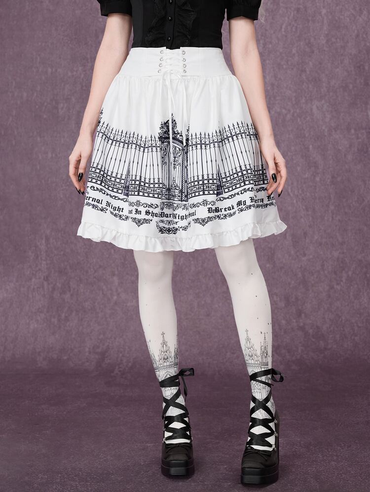 ROMWE Gothic Iron Gate Fence Print A-Line Skirt - White - View 6