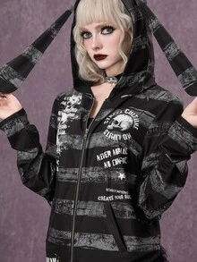 ROMWE Grunge Punk Cute Gothic Rabbit Ears Skull Print Women's Sweatshirt, Autumn/Winter Halloween - Multicolor - View 7
