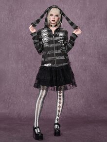 ROMWE Grunge Punk Cute Gothic Rabbit Ears Skull Print Women's Sweatshirt, Autumn/Winter Halloween - Multicolor - View 1