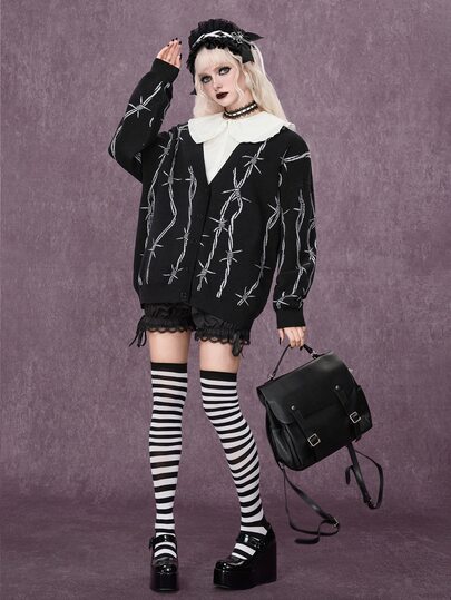 Goth Cardigan holgado de frente abierta con jacquard de espinas gótico oscuro para Halloween