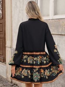 Brillora 女款印花寬鬆罩衫洋裝，長袖，墨西哥女裝，度假休閒洋裝，鈕扣開襟，波希米亞風 - 黑色 - 查看 2