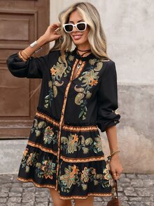 Brillora 女款印花寬鬆罩衫洋裝，長袖，墨西哥女裝，度假休閒洋裝，鈕扣開襟，波希米亞風 - 黑色 - 查看 7