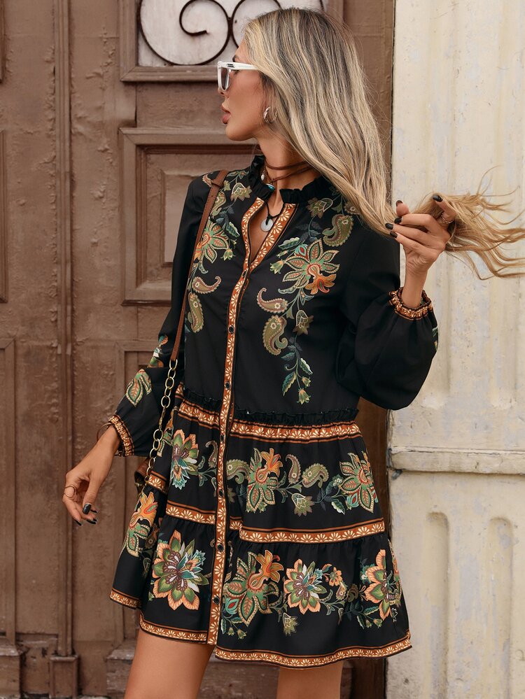 Brillora Women's Printed Loose Smock Dress, Long Sleeve,Mexican Women Dresses,Vacation Casual Dress, Button Down,Boho Style - Black - View 6