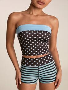 SHEIN BAE Women Black Blue Polka Dot Bandeau Sports Bra Gym Workout Training Running Yoga Athletic Activewear - Coffee Brown - View 2