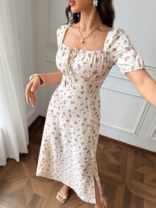 Modelyn Women's Square Neck Ditsy Floral Slit Holiday Summer Short Sleeve Dress Long Evening Dresses - Apricot - View 2
