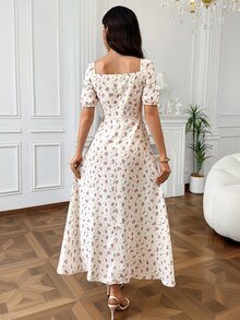 Modelyn Women's Square Neck Ditsy Floral Slit Holiday Summer Short Sleeve Dress Long Evening Dresses - Apricot - View 4