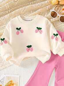 SHEIN Playful Pals 2件組女嬰杏色與粉色休閒時尚極簡甜美3D仿刺繡草莓印花圓領衛衣與純色喇叭褲套裝，適合秋冬、日常、戶外穿著，基礎百搭時尚 - 彩色 - 查看 4