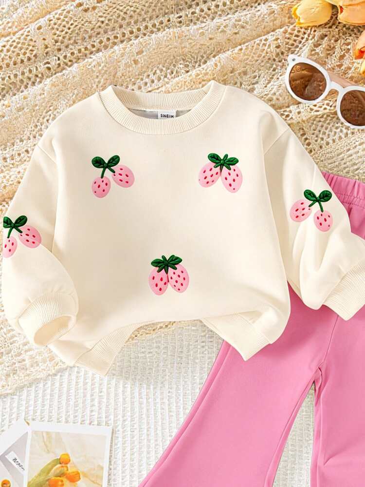 SHEIN Playful Pals 2pcs Baby Girl Apricot & Pink Casual Fashion Minimalist Sweet 3D Faux Embroidery Strawberry Print Crew Neck Sweatshirt And Solid Flare Pants Set, Suitable For Autumn/Winter, Daily, Outdoor Wear, Basic Versatile, Fashion - Multicolor - View 4