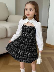 SHEIN Young Girl Color Block Woven Casual Dress - Black and White - View 1