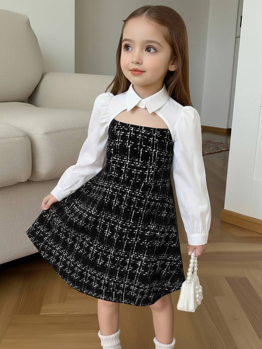SHEIN Young Girl Color Block Woven Casual Dress - Black and White - View 1