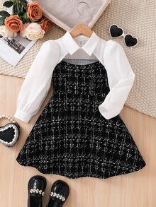 SHEIN Young Girl Color Block Woven Casual Dress - Black and White - View 3