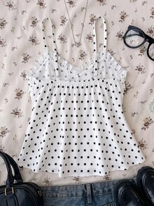 SHEIN 青少年女孩粉色蕾絲吊帶背心，優雅純色蕾絲飾邊背心，適合夏季、度假、休閒穿著 - 黑與白 - 查看 2