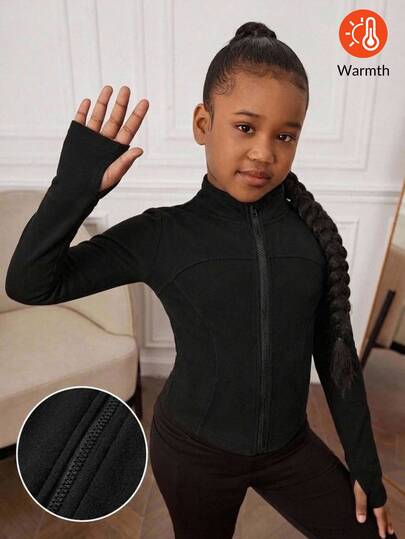 SHEIN Tween Girl Tween Girl Tween Girl Tween Girls Knit Black Stand Collar Long Sleeve Open Front Autumn Jacket