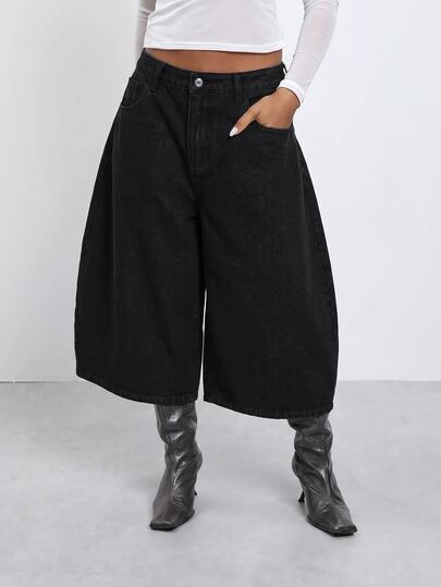 COUREZ Low Rise Balloon Jorts In Black Wash /Y2K Fall Winter Longline Denim Shorts Denim Jorts Concert Outfit Denim Outfit Jean Shorts