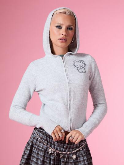 HELLO KITTY AND FRIENDS | COUREZ Sudadera con capucha de punto encogida con gráfico jacquard / Ropa de otoño Y2K para mujeres Ropa de invierno para mujeres Sudaderas Camisetas Tops grises
