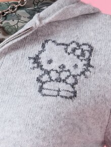 HELLO KITTY AND FRIENDS | COUREZ 縮水針織連帽衛衣，緹花圖案，Y2K風格，女款秋冬冬季上衣，灰色運動衫襯衫 - 灰色 - 查看 8