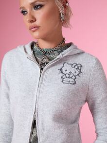 HELLO KITTY AND FRIENDS | COUREZ 縮水針織連帽衛衣，緹花圖案，Y2K風格，女款秋冬冬季上衣，灰色運動衫襯衫 - 灰色 - 查看 5