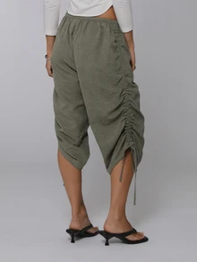COUREZ Low Rise Side Ruching Capris Y2K Casual Boho Pants For Women Crop Summer Clothes Outfits Vacation Sage Green Everyday Formal - Army Green - View 3