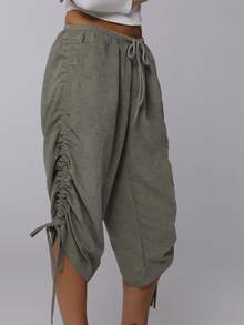 COUREZ Low Rise Side Ruching Capris Y2K Casual Boho Pants For Women Crop Summer Clothes Outfits Vacation Sage Green Everyday Formal - Army Green - View 5