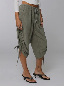 COUREZ Low Rise Side Ruching Capris Y2K Casual Boho Pants For Women Crop Summer Clothes Outfits Vacation Sage Green Everyday Formal - Army Green - View 1