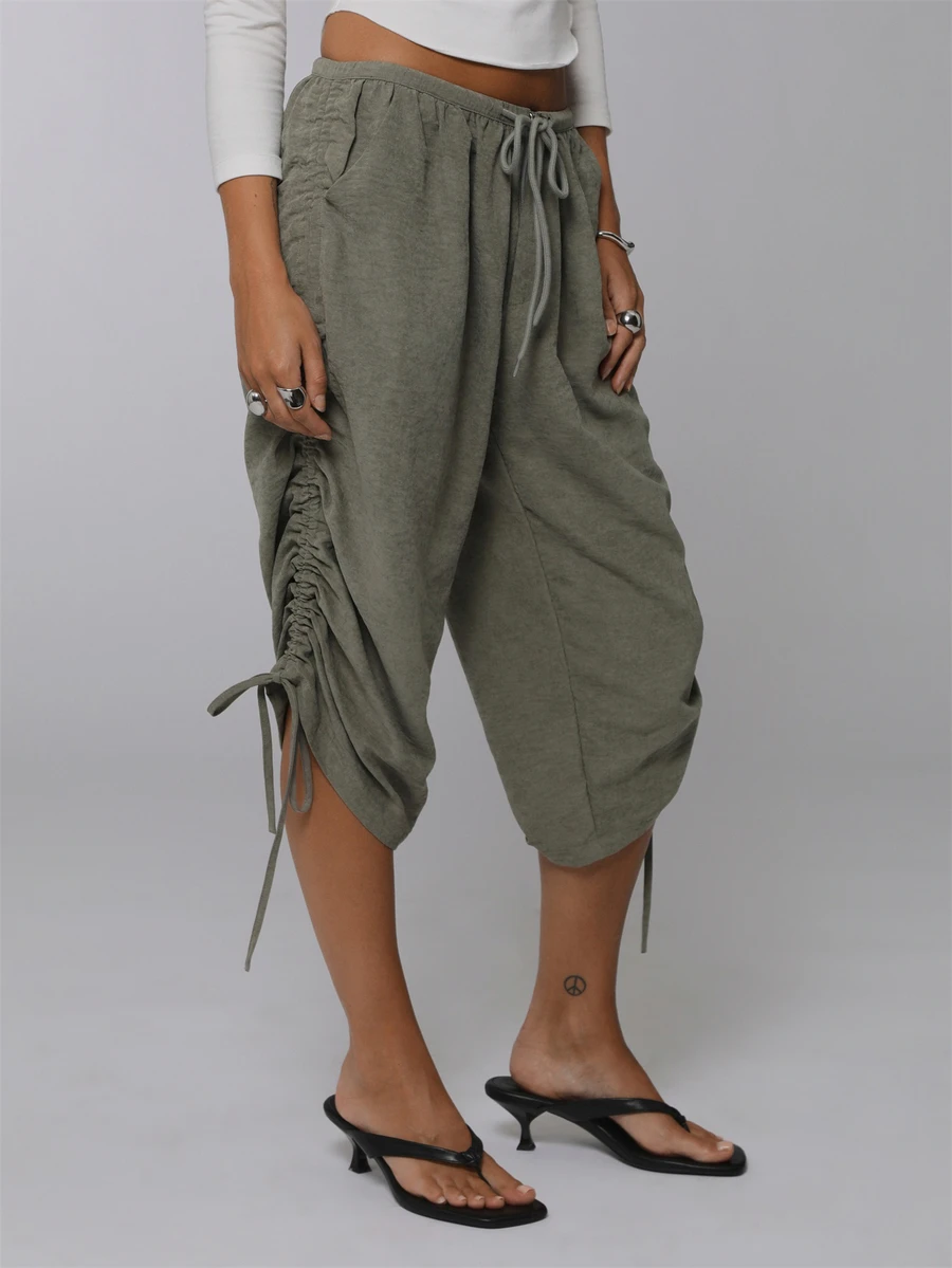 COUREZ Low Rise Side Ruching Capris Y2K Casual Boho Pants For Women Crop Summer Clothes Outfits Vacation Sage Green Everyday Formal - Army Green - View 1