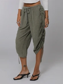 COUREZ Low Rise Side Ruching Capris Y2K Casual Boho Pants For Women Crop Summer Clothes Outfits Vacation Sage Green Everyday Formal - Army Green - View 2