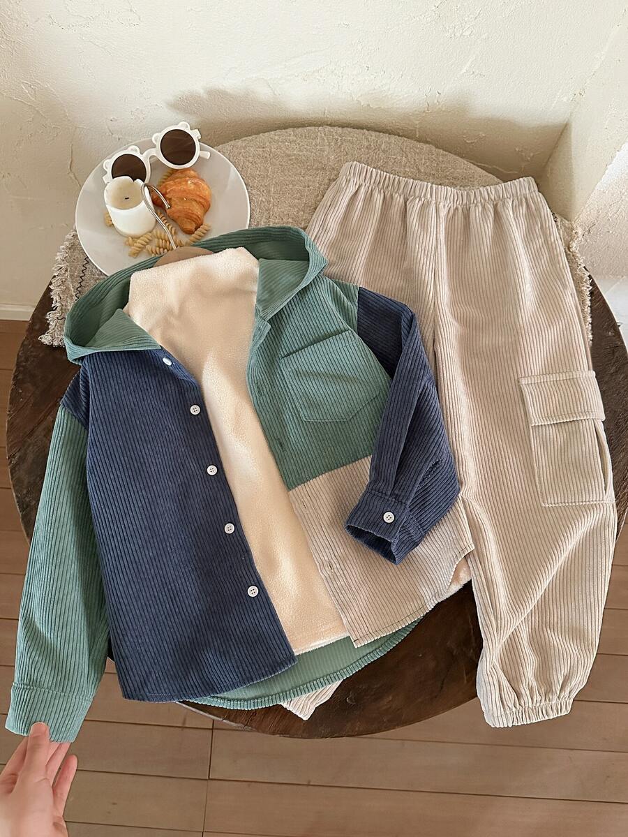 LMoss Kids 2 件套男童灯芯绒拼接连帽夹克和松紧腰裤套装,秋冬 - 彩色 - 查看 1