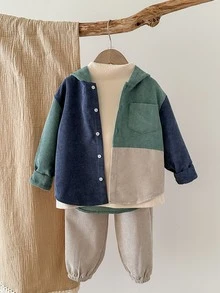 LMoss Kids 2 件套男童灯芯绒拼接连帽夹克和松紧腰裤套装，秋冬 - 彩色 - 查看 4