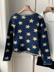 Comfortcana Jacquard Fashion Metal Button Long Sleeve Knit Cardigan, Fall Winter 2026, Country Style For Women, Basic Sweater, Halloween, Festival Outfits - Navy Blue - View 2
