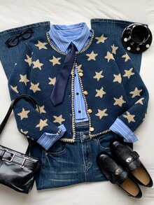 Comfortcana Jacquard Fashion Metal Button Long Sleeve Knit Cardigan, Fall Winter 2026, Country Style For Women, Basic Sweater, Halloween, Festival Outfits - Navy Blue - View 1